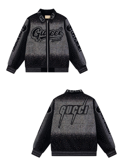 GUCCI 2026FW RETRO LOGO PARIS STRASS EMBELLISHED VELOUR BASEBALL JACKET – 1:1 HIGH END