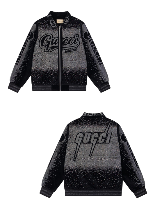 GUCCI 2026FW RETRO LOGO PARIS STRASS EMBELLISHED VELOUR BASEBALL JACKET – 1:1 HIGH END