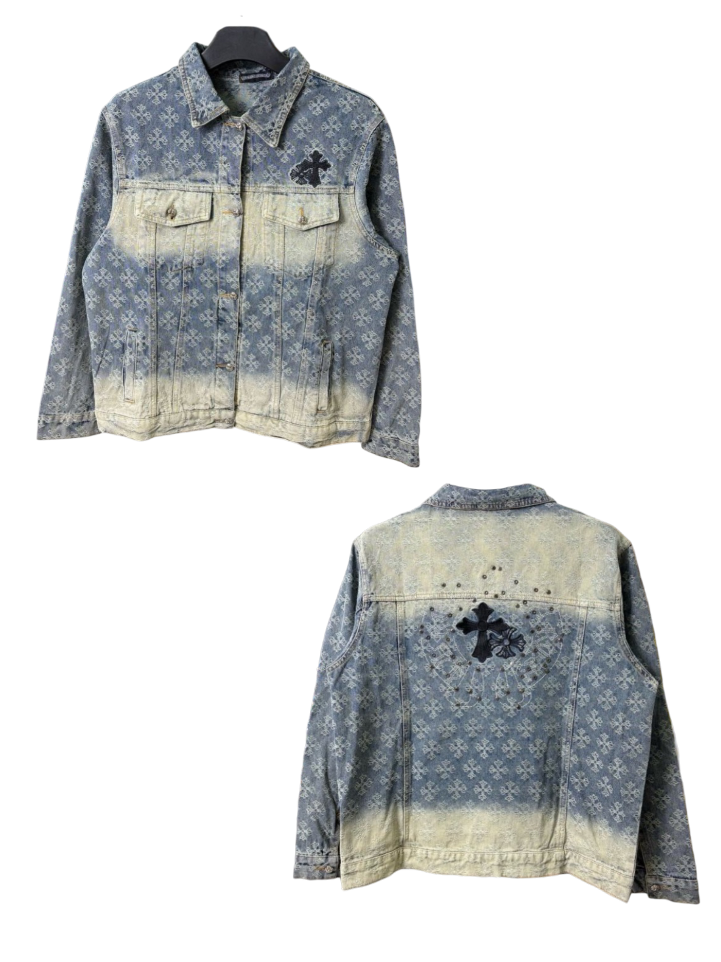 CHROME HEARTS CH ALL-OVER LOGO EMBOSSED GRADIENT DIAMOND DENIM JACKET – 1:1 HIGH END