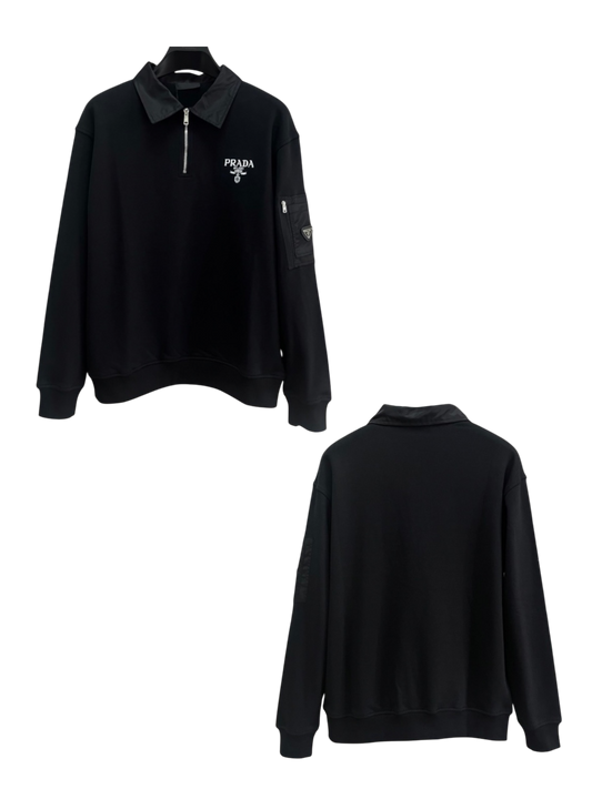 PRADA 2026FW CONTRAST COLLAR HALF-ZIP CARGO POCKET SWEATER – 1:1 HIGH END