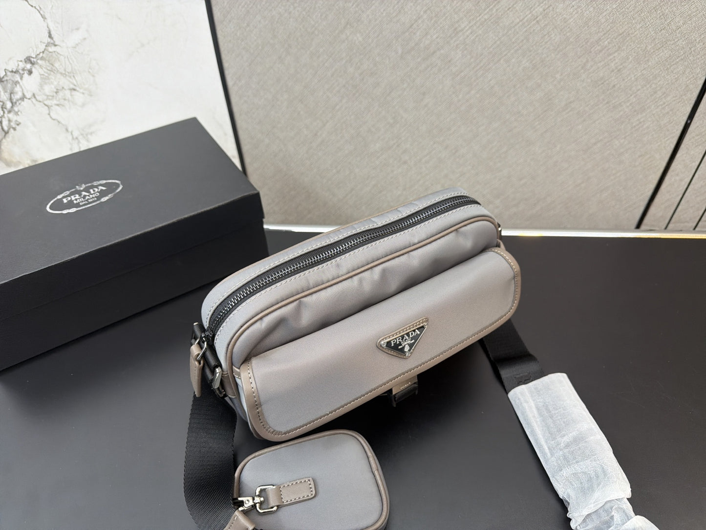 PRADA RE-NYLON LEATHER-TRIMMED SHOULDER BAG – FULL SET – 1:1 HIGH END