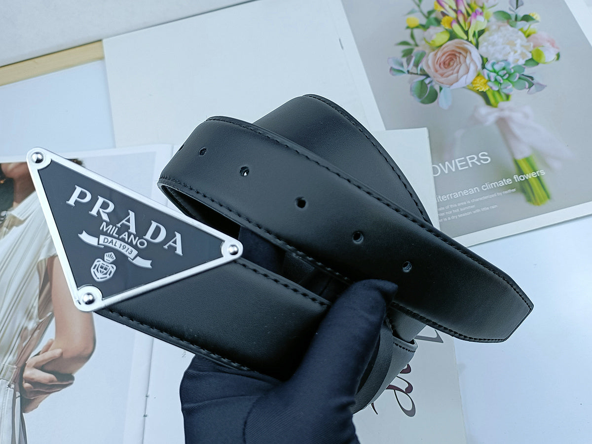 PRADA TRIANGLE LOGO SAFFIANO LEATHER BELT – FULL SET – 1:1 HIGH END