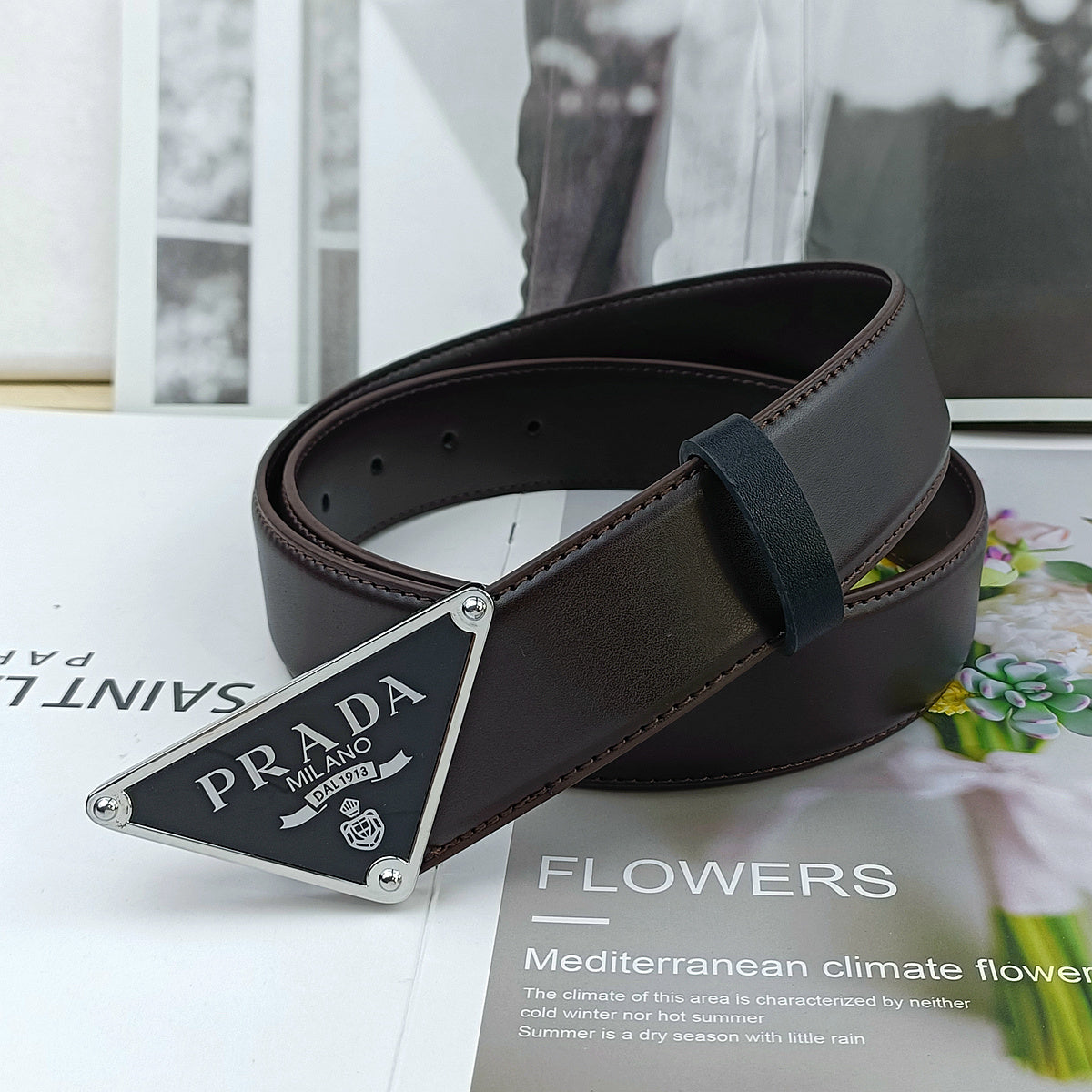 PRADA TRIANGLE LOGO SAFFIANO LEATHER BELT – FULL SET – 1:1 HIGH END