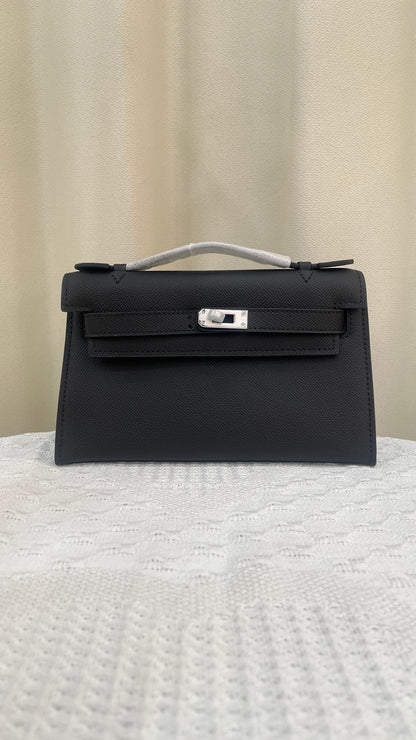 HERMÈS KELLY POCHETTE ARDOISE SWIFT SILVER HARDWARE 22CM  - 1:1 HIGH END