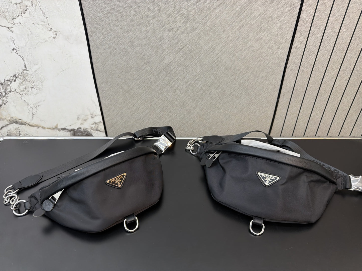 PRADA NYLON AND SAFFIANO LEATHER BELT BAG – SILVER / GOLD LOGO – FULL SET – 1:1 HIGH END