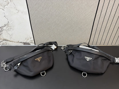 PRADA NYLON AND SAFFIANO LEATHER BELT BAG – SILVER / GOLD LOGO – FULL SET – 1:1 HIGH END