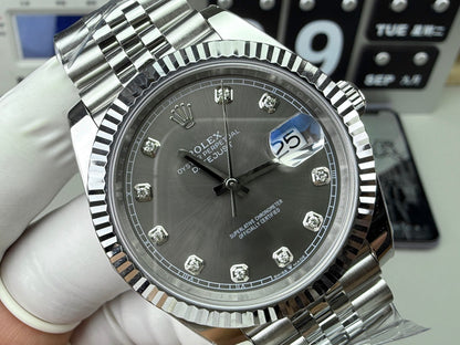 Rolex Datejust 41 mm, cadran gris, lunette plate - SUPER CLONE - MOUVEMENT SUISSE - Bracelet Jubilee